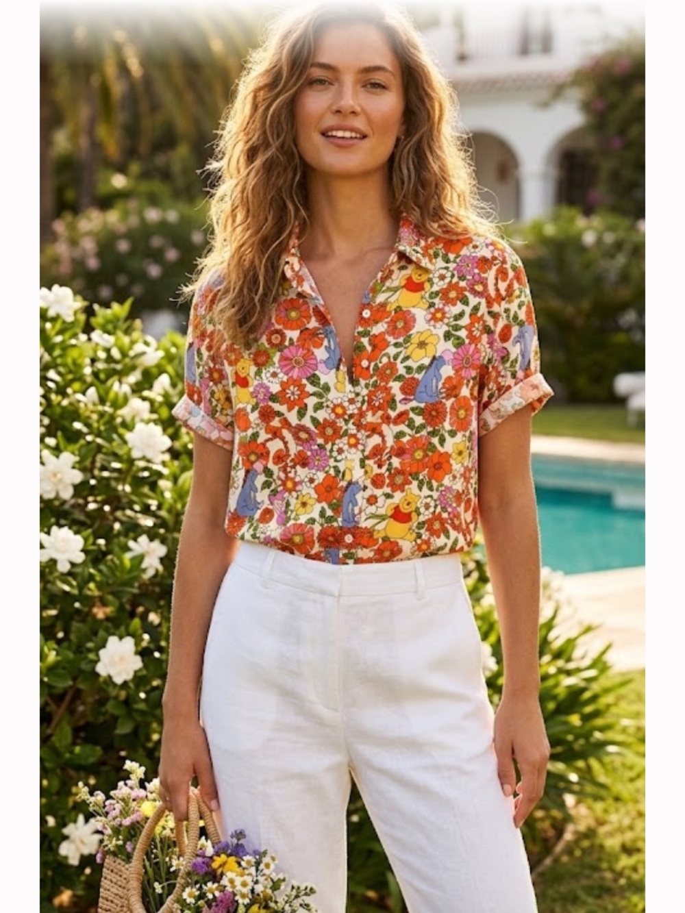 Disney Winnie The Pooh Floral Girls Woven Button-Up Size L